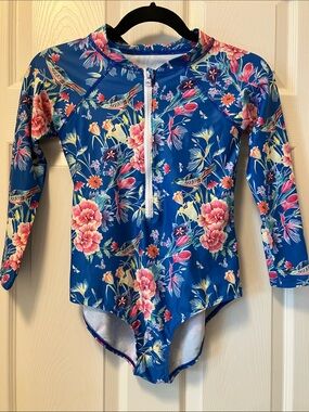 Kids Long-Sleeve Floral Zip Front Swimsuit - Blue